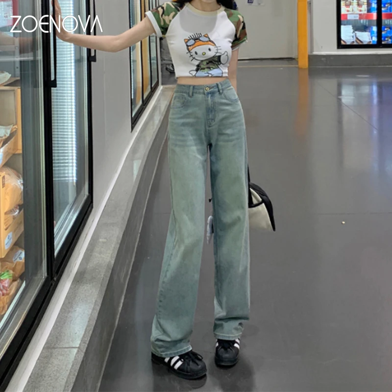 Zoenova 2024 Frühling Sommer weiche mikro elastische hoch taillierte Hose mit weitem Bein koreanische Mode Straße y2k boden lange Damen jeans