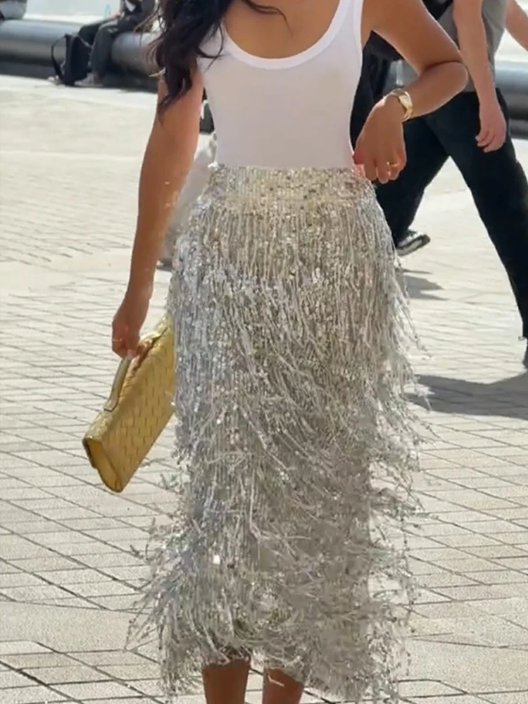 Chic Elegant Side Split Hight Waist Party Skirt Women Fashion Fringed Sequined Slim Long Dress Sexy Temperament Solid A-Line Ski