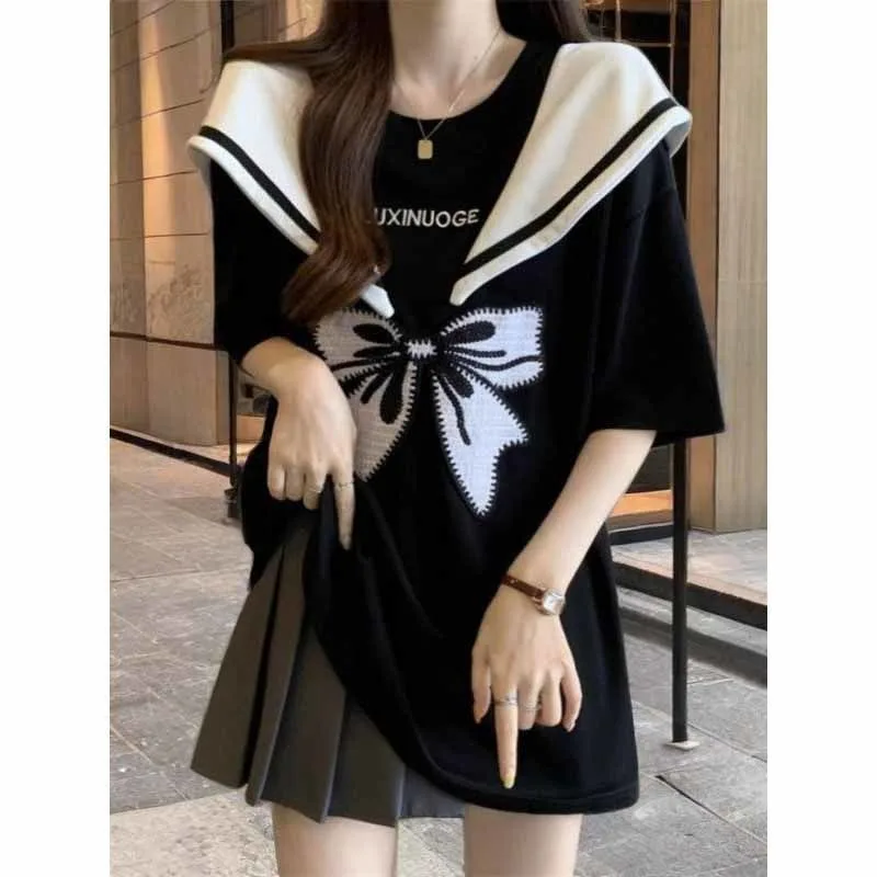 

Summer Vintage Sailor Collar Patchwork Pure Cotton Long T-Shirt Women's Fashion Bow Embroidery Loose Short Sleeve Casual Tops
