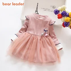 Bear Leader 1-6 Years Pink Girls Dresses Spring Autumn Cartoon Rabbit Decorative Mesh Stitching Dress Long Sleeved Kids Clothes