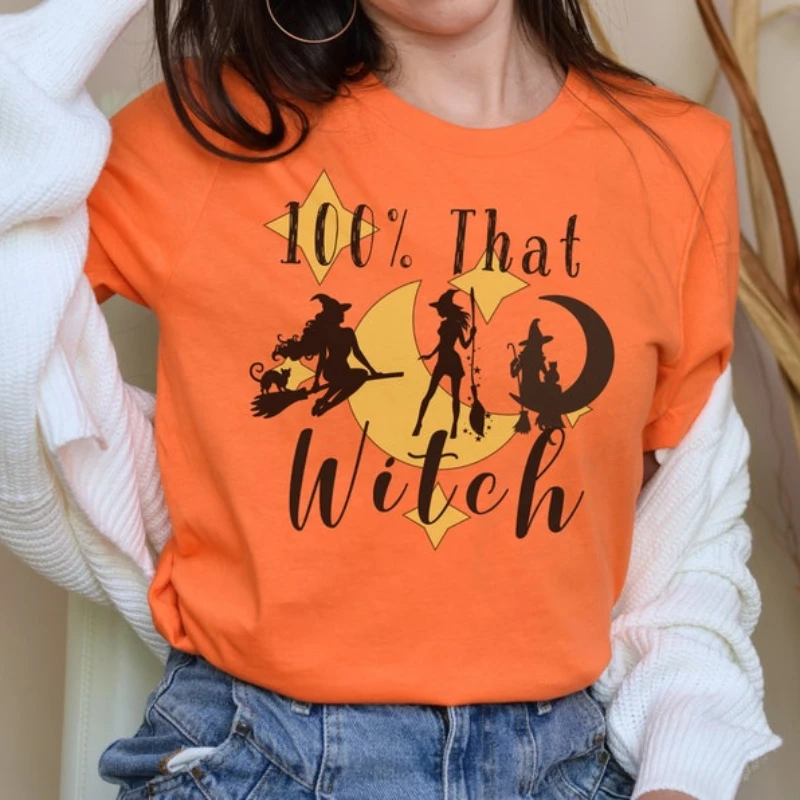 100% That Witch Halloween Shirt Funny Halloween T-Shirt Witchy Vibes Tee Halloween Party Short Sleeve Trick or Treat Tee Gift