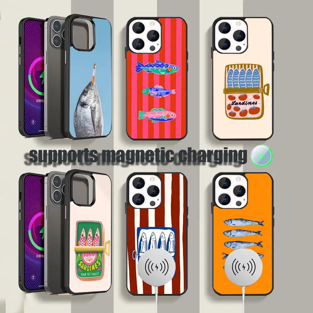 

Fish Funny Sardines For iPhone 17,16,15,14,13,12,11,Pro,Max,Plus,Mini,SE4,E Black Phone Case Magnetic Wireless Charging