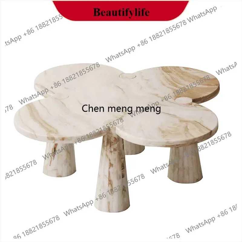 M138Pink Crystal Clover Side Table, French Modern Marble Coffee Table, Artistic Living Room End Table, Easy Clean&Durable