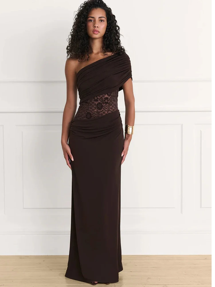 

JULISSA MO Patchwork Sexy One Shoulder Lace Women Maxi Dress Backless See Through Dress Autumn Slim Elegant Party Evening Dress