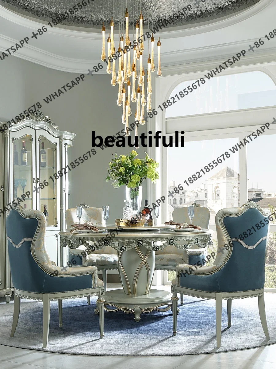 French solid wood turntable round dining table European retro carved dining table and chairs SE4