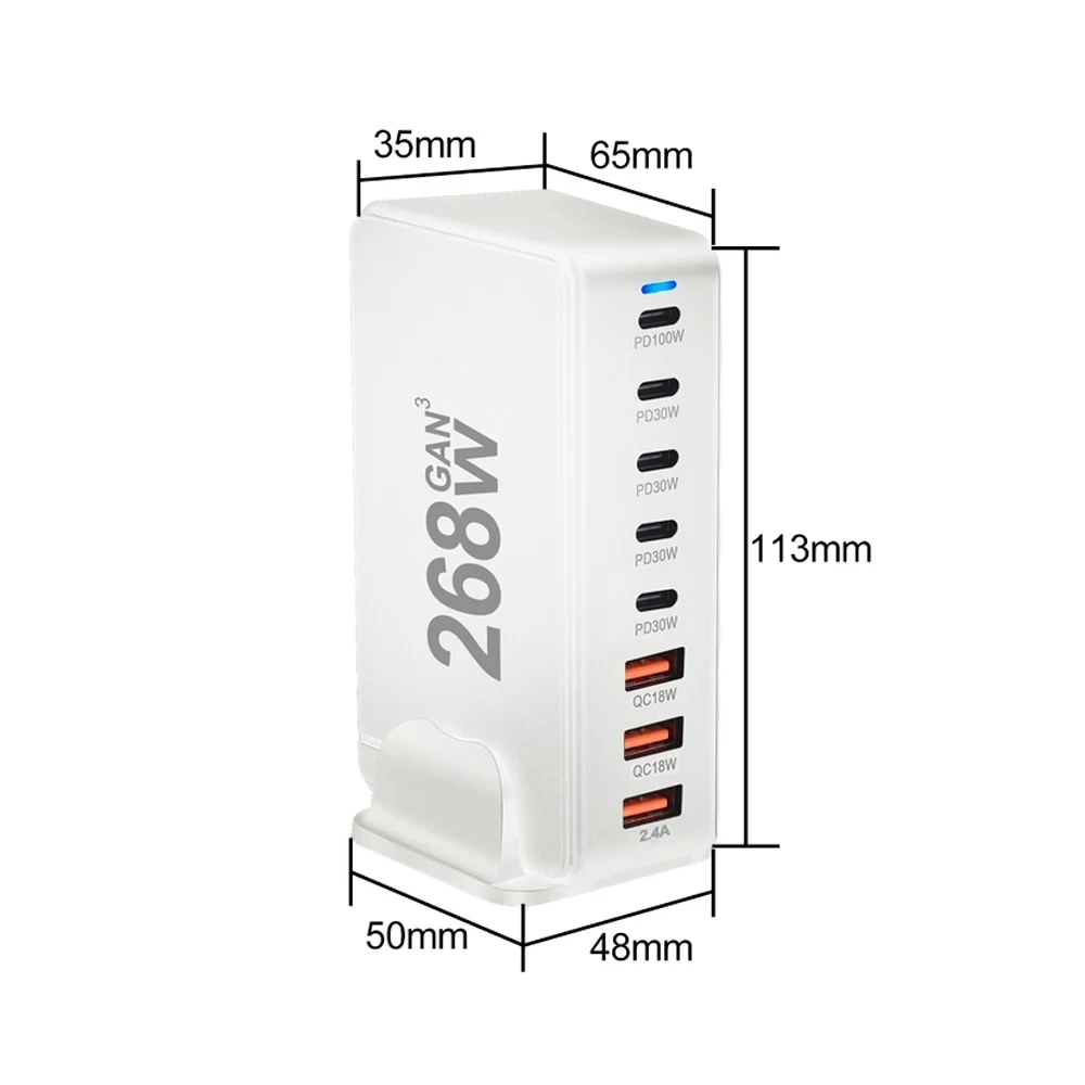 GaN 8-port 268W Desktop Charger Fast Charge 3.0 USB Type C Fast Charger Mobile USB Charger for iPhone iPad Macbook Samsung Phone