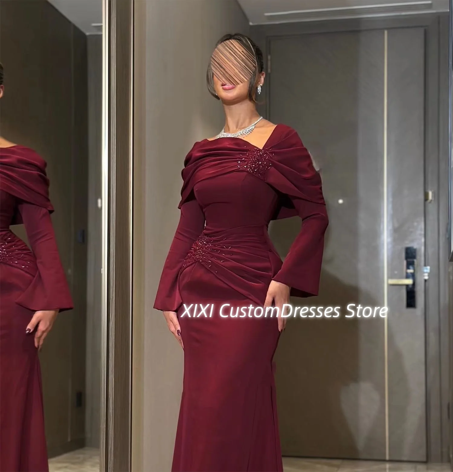 تخصيص فساتين Fساتين حورية البحر ذات العنق المربع بطول الأرض للحفلات الراقصة المحدبة وأكمام طويلة وسحاب حتى فساتين خاصة #4