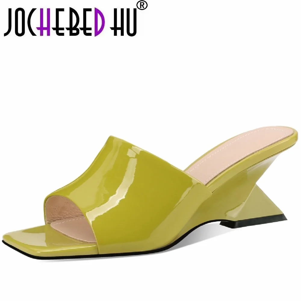 

【JOCHEBED HU】Summer Women Genuine Leather Slippers Open Toe Chunky Heel Sandals Shoes for Designer Sandals Sexy Wedge 33-43