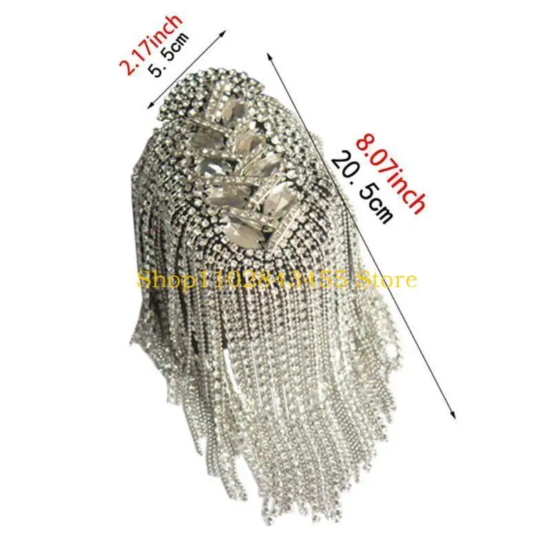 49MC Women Men Silver Punk Fringe Shoulder Board Badge Vintage Glitter for Rhinestone Tassels Chain Epaulet Uniform Accessori