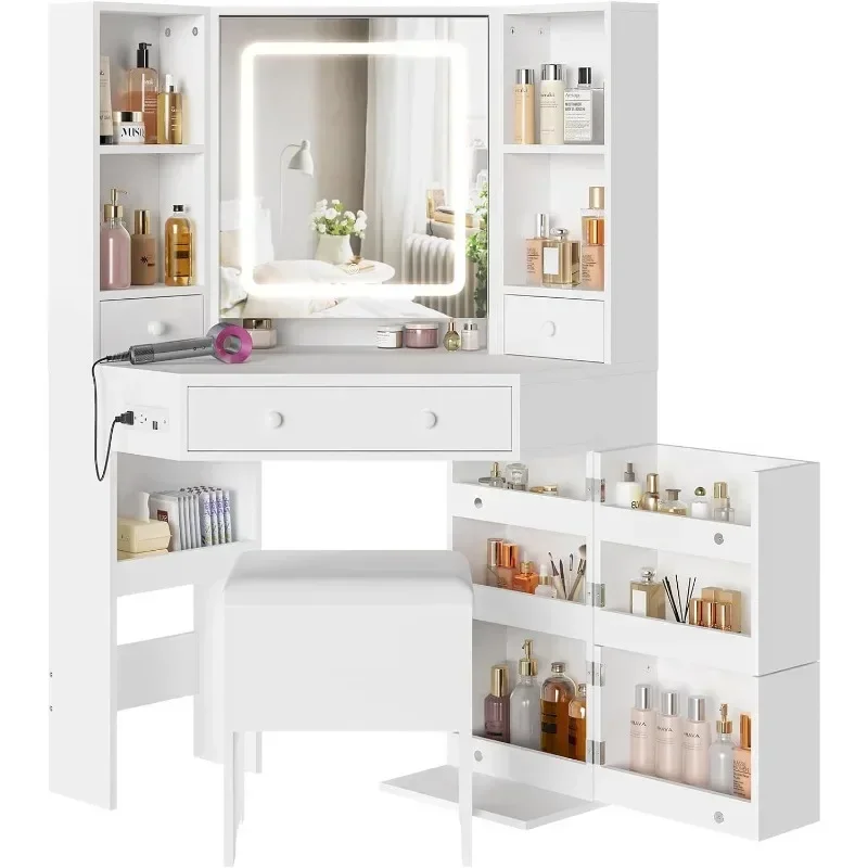 Corner Vanity Desk with Lighted Mirror, Makeup Vanity with Lights and Charging Station, Vanity Set with Mirror and Storage Stool