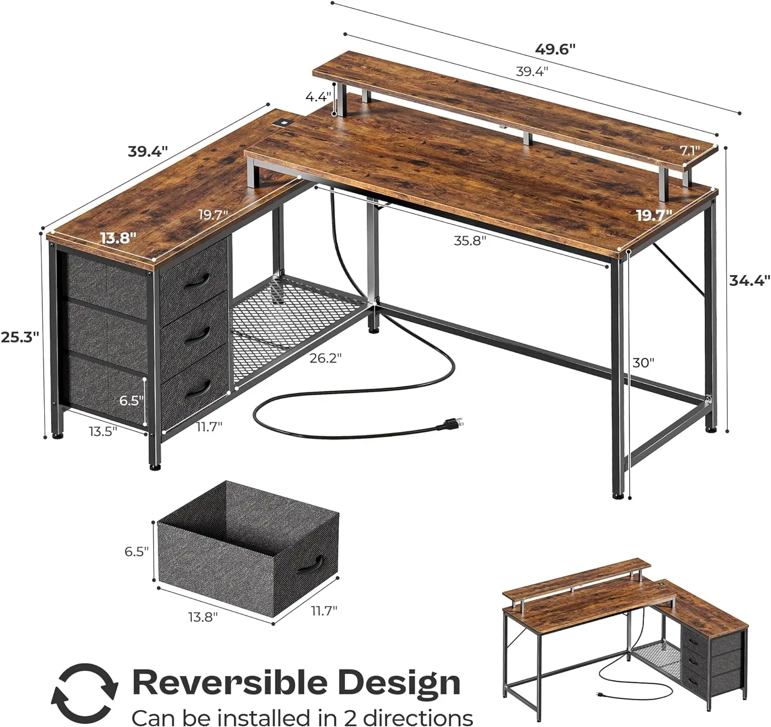 Reversible L Shaped Computer Desk with Drawers, Gaming Desk with LED Lights and Power Outlets, Office Desk with Storage, Corner