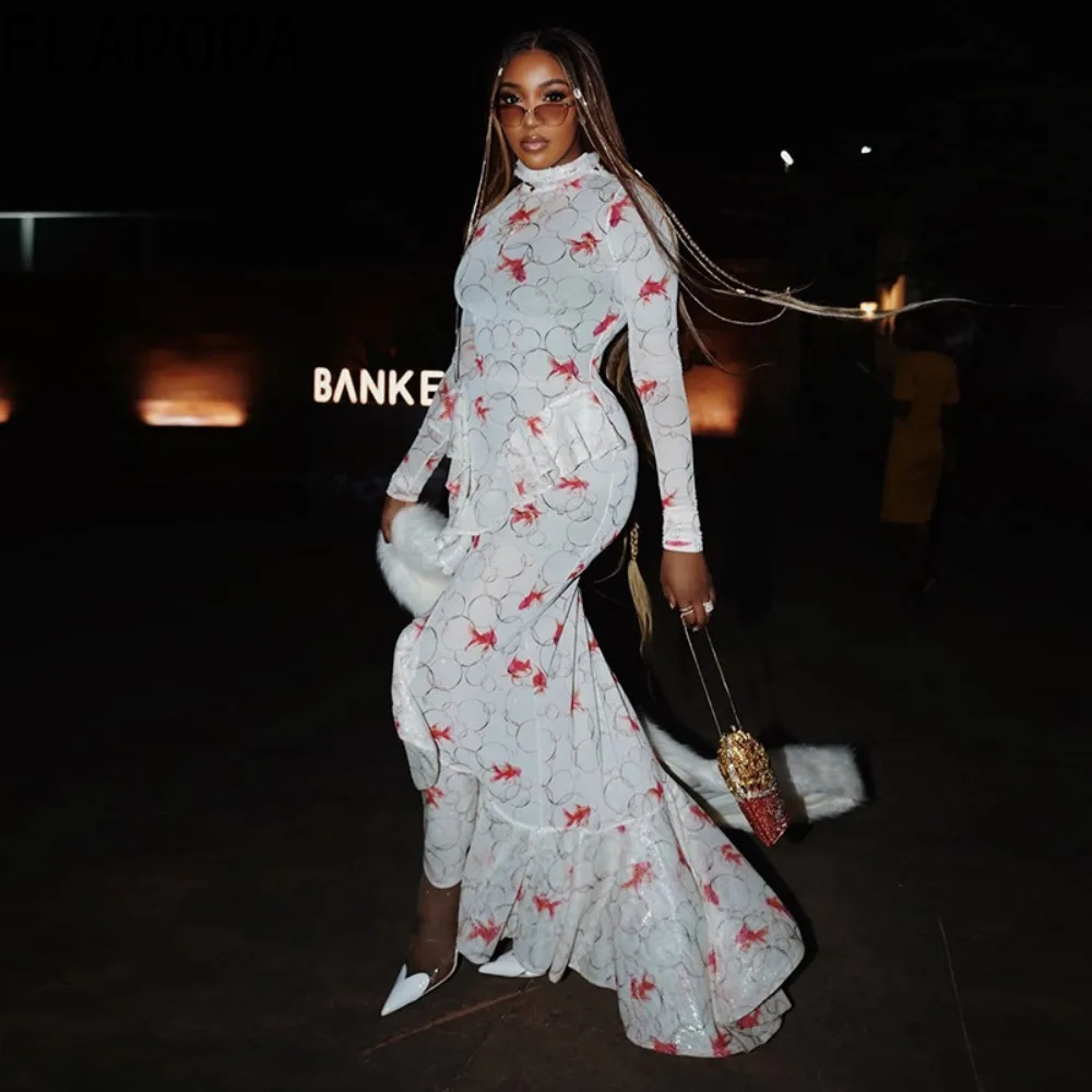 FLARORA – robe Maxi Sexy imprimé poisson rouge pour femme, col rond transparent, manches longues, fendue, froncée, hanche pêche, tenue élégante pour fête d'anniversaire