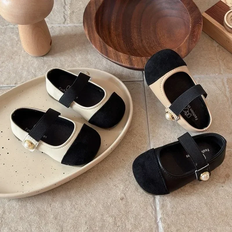 Children Color Block Mary Jane Shoes Hook and Loop Closure Pearl Ornament Non Slip Sole Girls Cute Princess Daily Dress Footwear