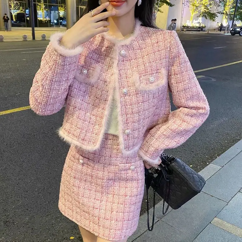 Winter Korean Fashion Women's Two Pieces Set Pink French Elegant Retro Office Lady Slimming Tweed Suit Set Blazer and Skirt Set - Image 4