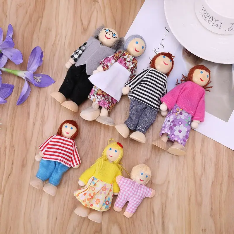 New 7pcs/set Happy House Family Dolls Wooden Figures Characters Dressed Kids Girls L