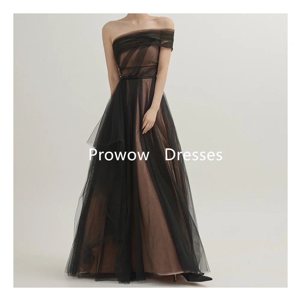 Prowow مخصص بسيط أسود الشاطئ كوريا سيدة فساتين لحضور الحفلات الموسيقية تول كتف واحد طول الأرض فستان سهرة رسمي بيكشايسز بارتيديندريس