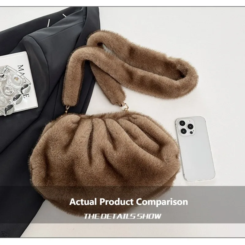 Puszysta damska torba - duża pojemność, nowość na jesień/zimę, niszowa futrzana torba na ramię/przez ramię z plisowanym wzorem typu tote.
