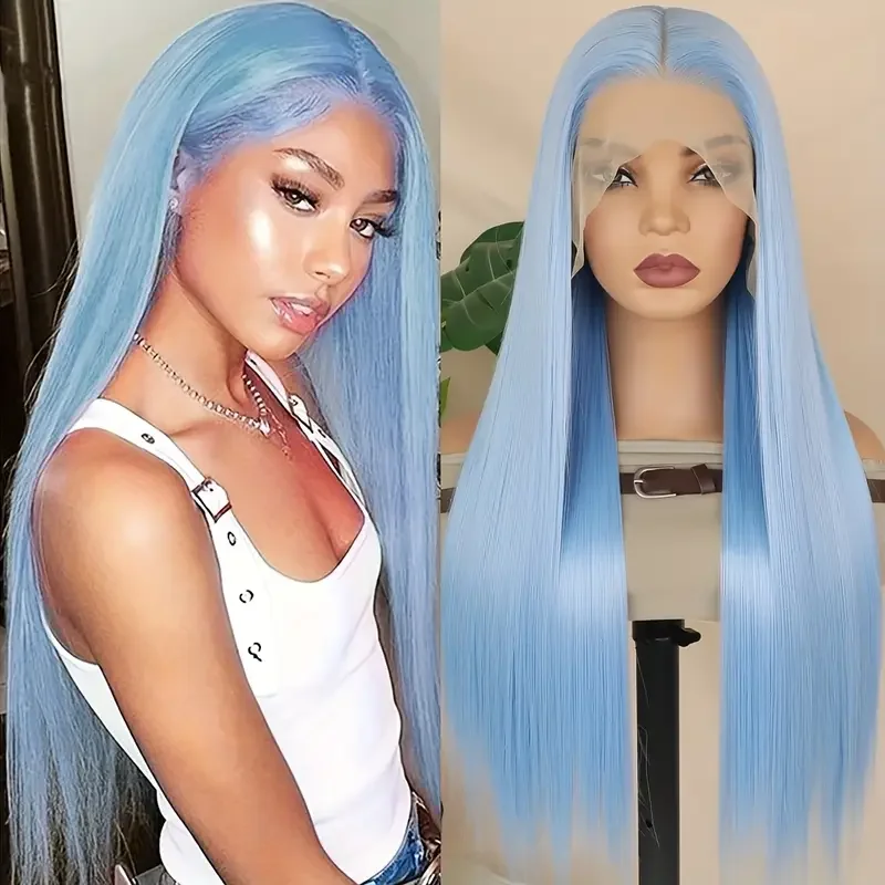 Peluca con malla frontal sintética azul de encaje 13*4 para mujer, fibra larga y recta resistente al calor, para fiesta diaria, Año Nuevo, Día de San Valentín