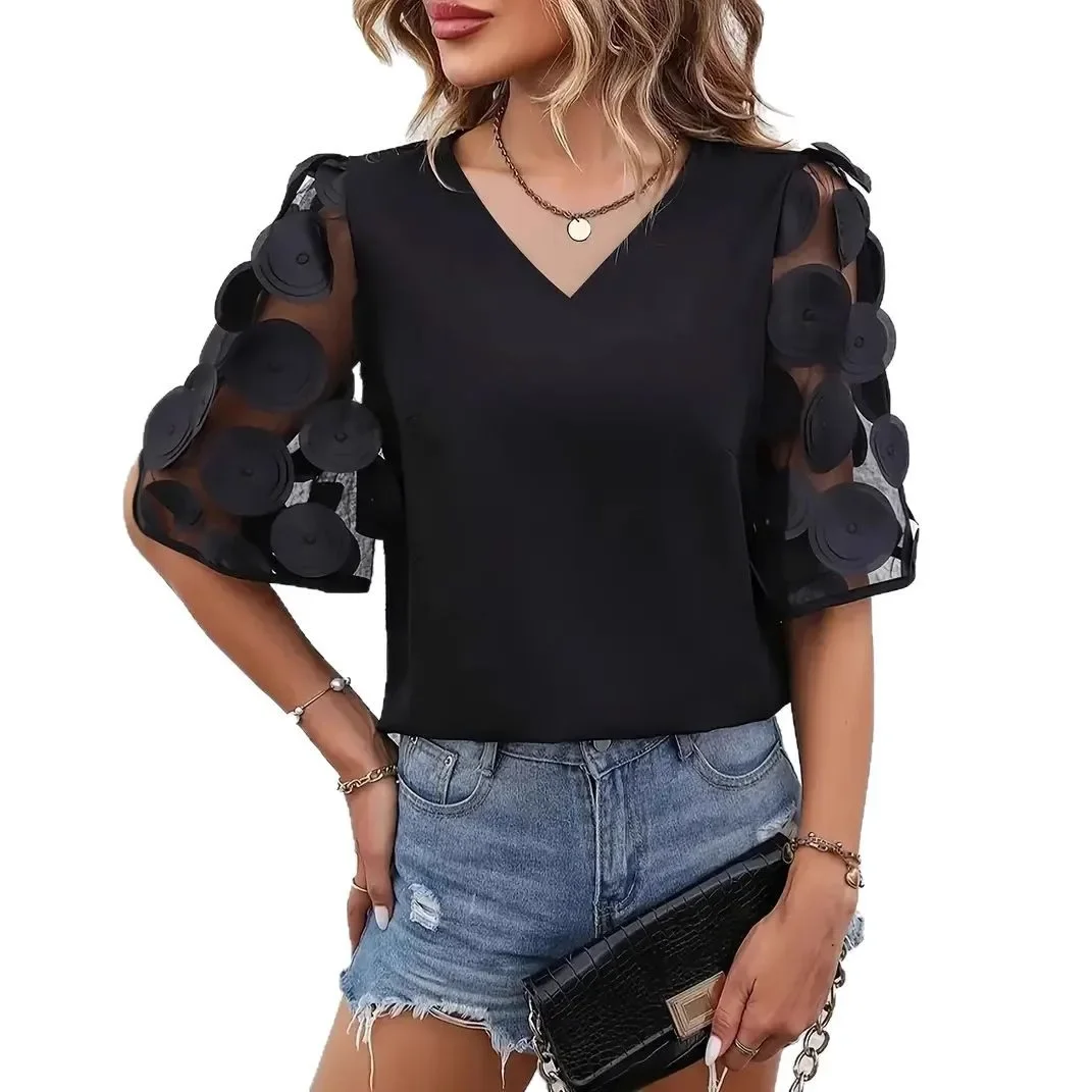 2025년 신모델, 여름 출퇴근용 단색 심플 V넥 레이스 스플라이싱 반팔 셔츠 여성용