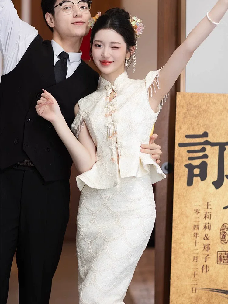 فستان نسائي فاخر مزين بالترتر على شكل زهرة Chesongam على الطراز الصيني أنيق بدون أكمام فستان سهرة رائع من فيستدوس دي فيستا #3