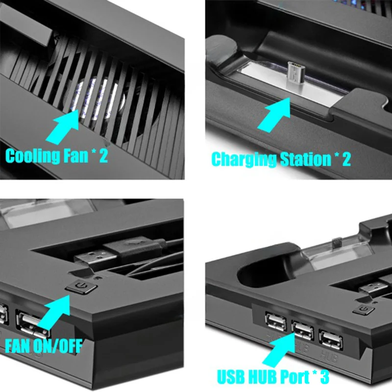 For PS4 Slim / Pro Vertical Cooling Stand Cooler & Dual Joystick USB Charging Station & 3 Extra HUB for Playstation 4 Slim Pro