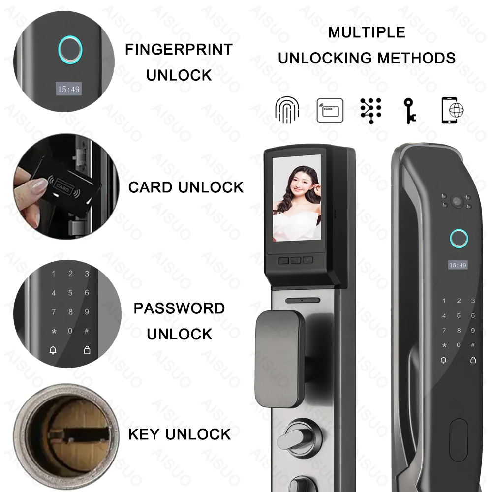 AISUO WIFI APP Smarlock Cerradura Inteligente Fingerprint Key Password Card Smart Door Lock With Camera Digital Smart Lock