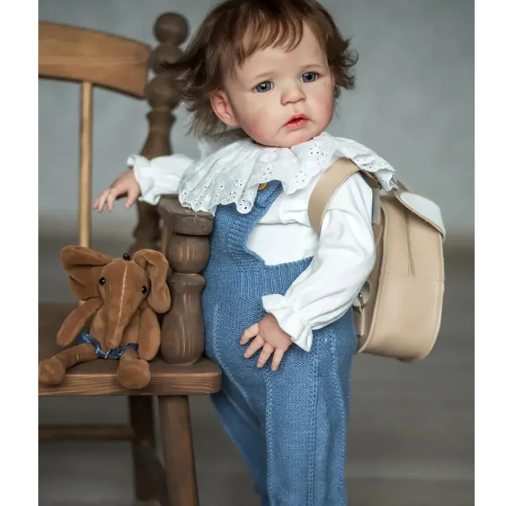 24inch With Hand Root Hair Wearing White Top And Blue Knitted Strap Pants Multiple Layers Painting Lifelike Reborn Sandie Doll
