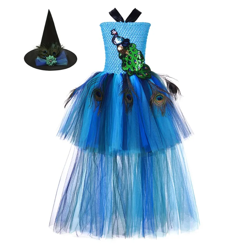 High Low Peacock Train Girl Tutu Mesh Dress Sequin Feather With Hat Kids Stage Dance Holiday Carnival Birthday Party Performance
