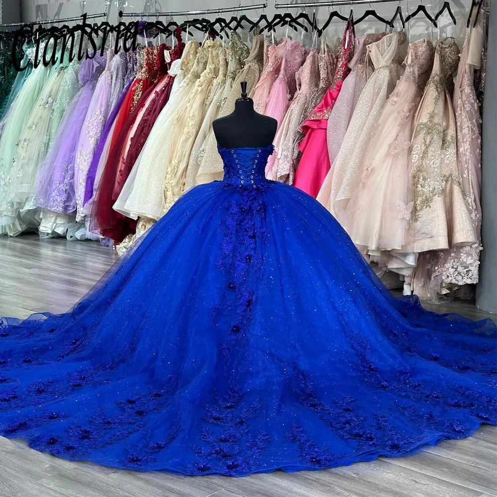 

Luxury Royal Blue Princess 3D Flower Quinceanera Dresses Ball Gown 2023 Appliques Fishbone Sweet 15 Dress Party Gown Corse