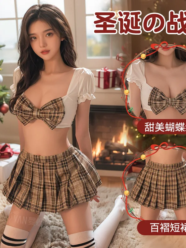 Christmas Sexy Plaid JK Pleated Short Uniform Dress Elegant Square Collar Sweet Fashion Korean Women Dress 2024 New 18DA