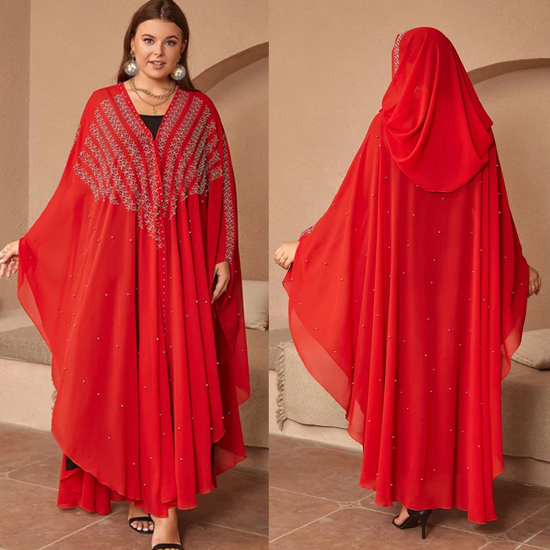 Muslim Hooded Robes Boubou African Abaya Dresses For Women Elegant Chiffon Beaded Long Dress Ladies Traditional Africa Clothing