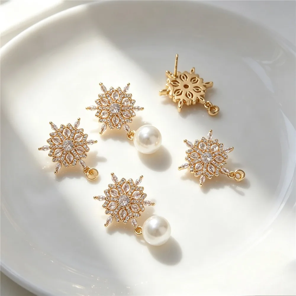 14K Gold Plated Brass Zircon Paved Snowflake Bead Caps, Half Hole Pearl Stud Earring Blanks With Pins DIY Jewelry Finding