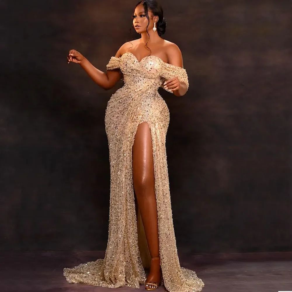 

Aso Ebi Champagne Mermaid Evening Dresses Off Shoulder Side Split Sweep Train Sequins Pearls Celebrity Wedding Second Dress