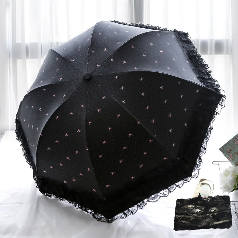 Foldable Lace Rain Umbrella for Women, 3 Fold, Windproof, Anti-UV, Travel, Parasol, Sun Protection, Sunshade Gift, Fashion