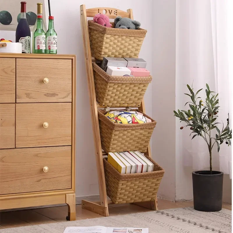 

Living Room Standing Storage Holder Multi-layer Vine Weaving Book Rack Solid Wood Organize Baskets Versatile Scene Display Stand