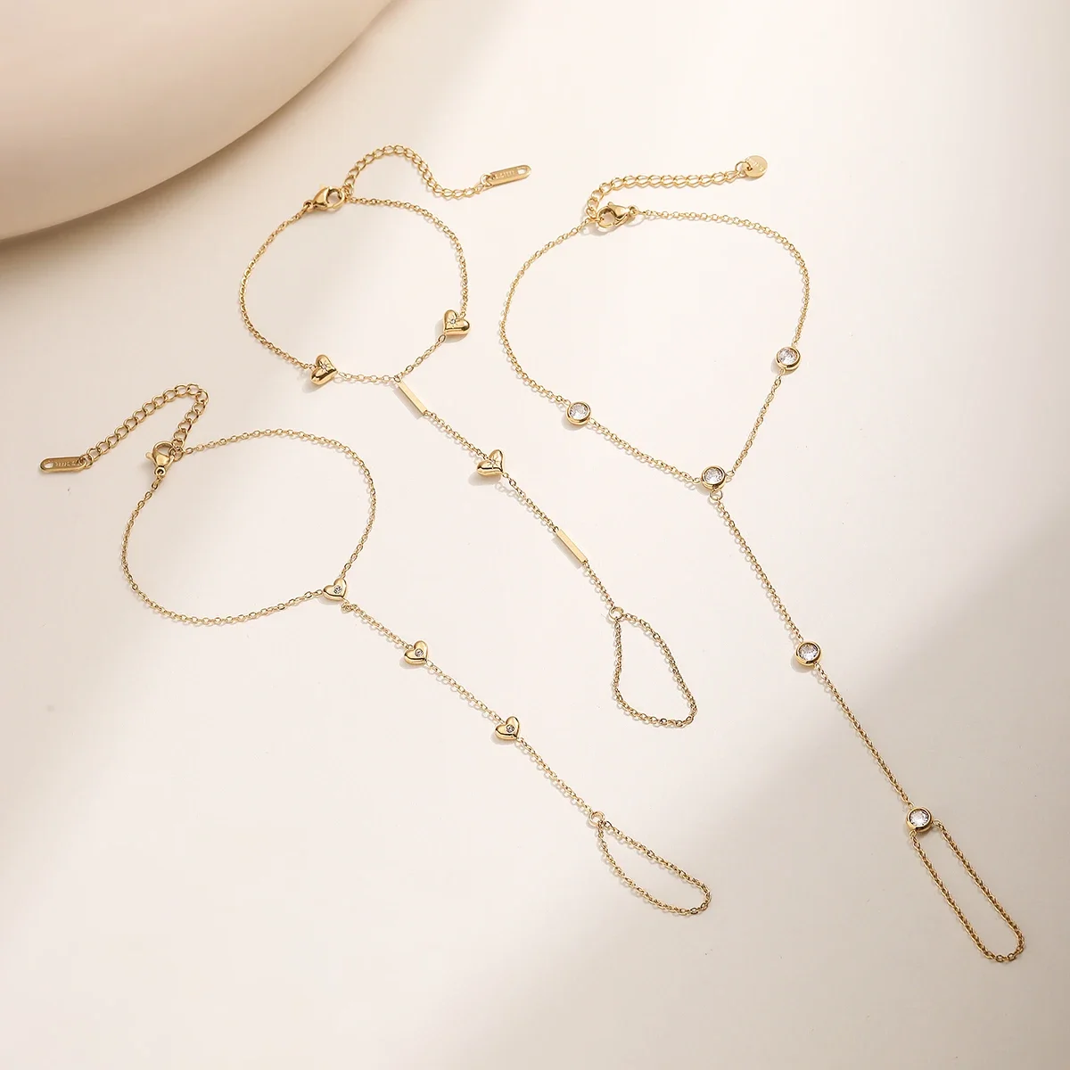 Stainless Steel Hand Chain Bracelet Heart Zircon Finger Ring Lariat Hand Harness Gold Color Women Trendy Jewelry