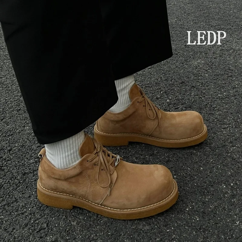 

LEDP Brand Big Head Suede Leather Shoes 2024 Summer All-match Men's Low Top Big Yellow Boots Platform Elevation Derby Shoes