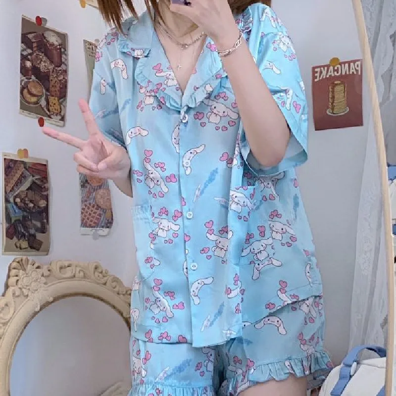 Sanrio Cartoon Cinnamoroll Summer Japanese Pajamas Girls New Short-Sleeved Shorts Lace Suit Cute Comfortable Casual Home Clothes