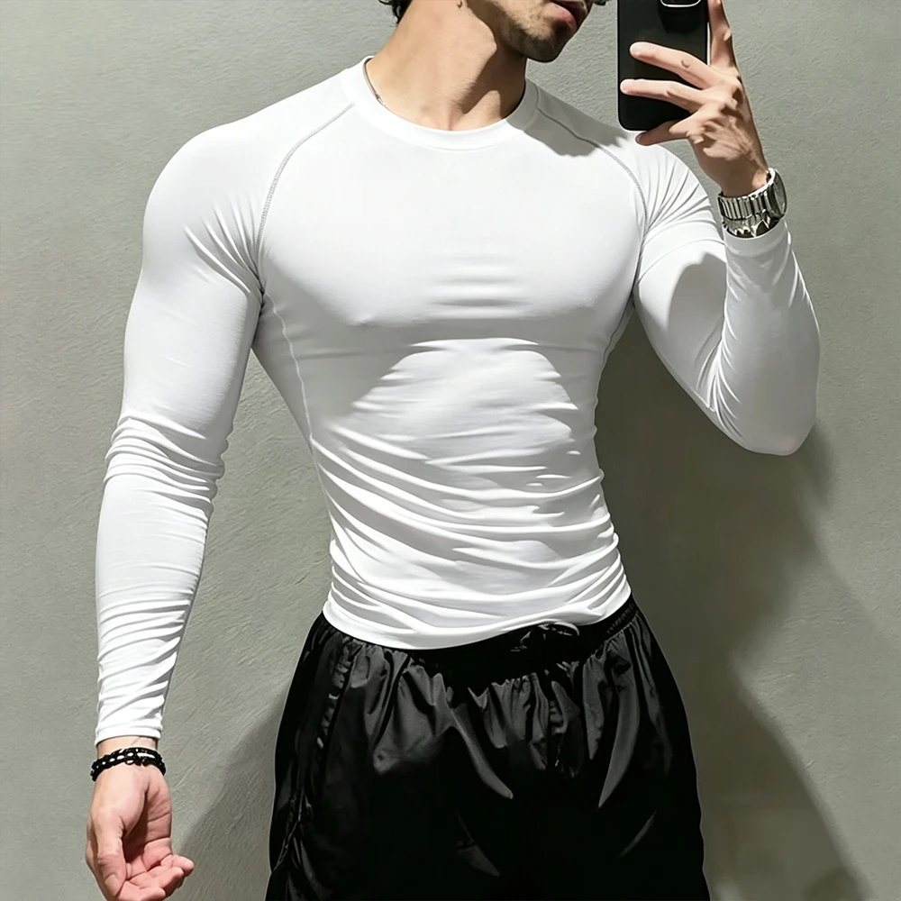 Men's Long Sleeve Compression Top Quick Dry Elastic Breathable Sports T‑Shirt for Daily Workout Running Fitness Active Wear