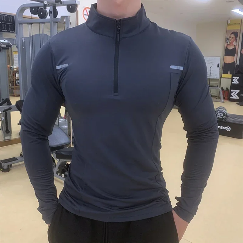 Tight Body Coat Men Autumn Winter Breathable Stretching T-shirt Sports Running Training Long-sleeved Semi-zipper Fitness Suit