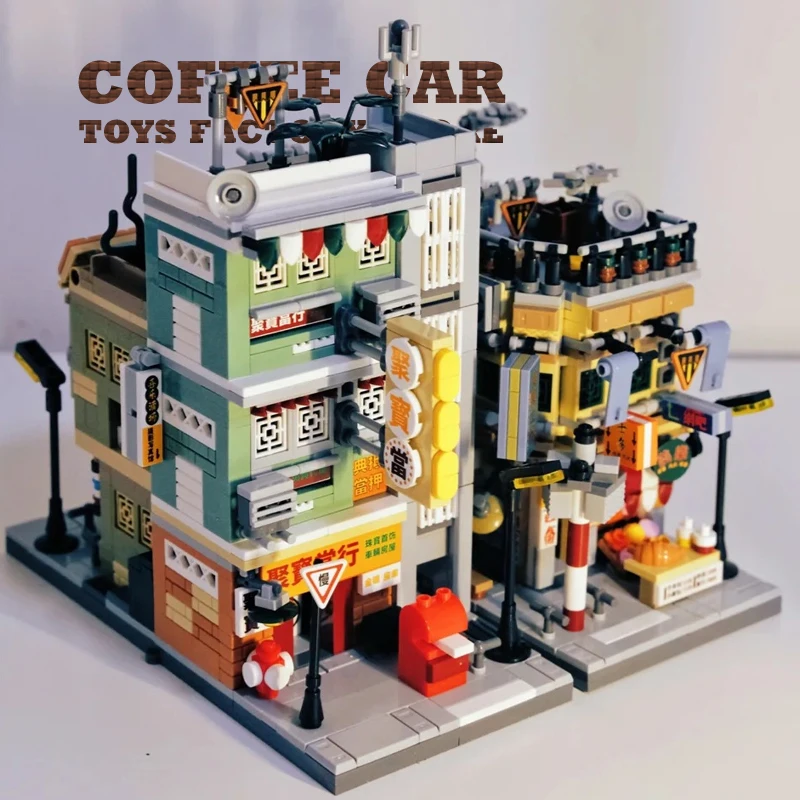 HongKong Style Shop Building Micro Blocks Retro City Street View Store Bricks MOC Model Old House Children Toys Adult Kids Gifts