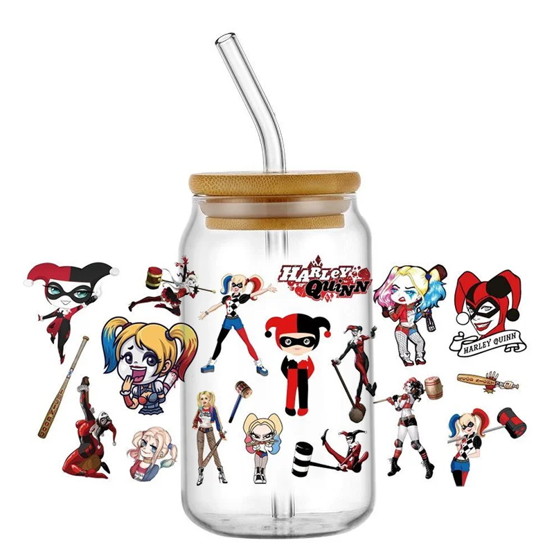 Harley quinn-uv dtfカップラップトランスファーステッカー、ピエロガールカスタムラベル、libbeyガラス缶用のDIY防水ロゴ、16オンス