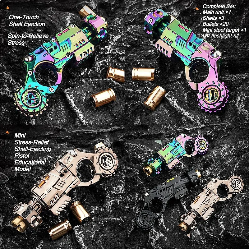Shell-Ejecting Alloy Toy Pistol Set Stress Relief Fidget Sensory Toy Mini Finger Spinning Top EDC Desk Gadget Gift for Teen Boys