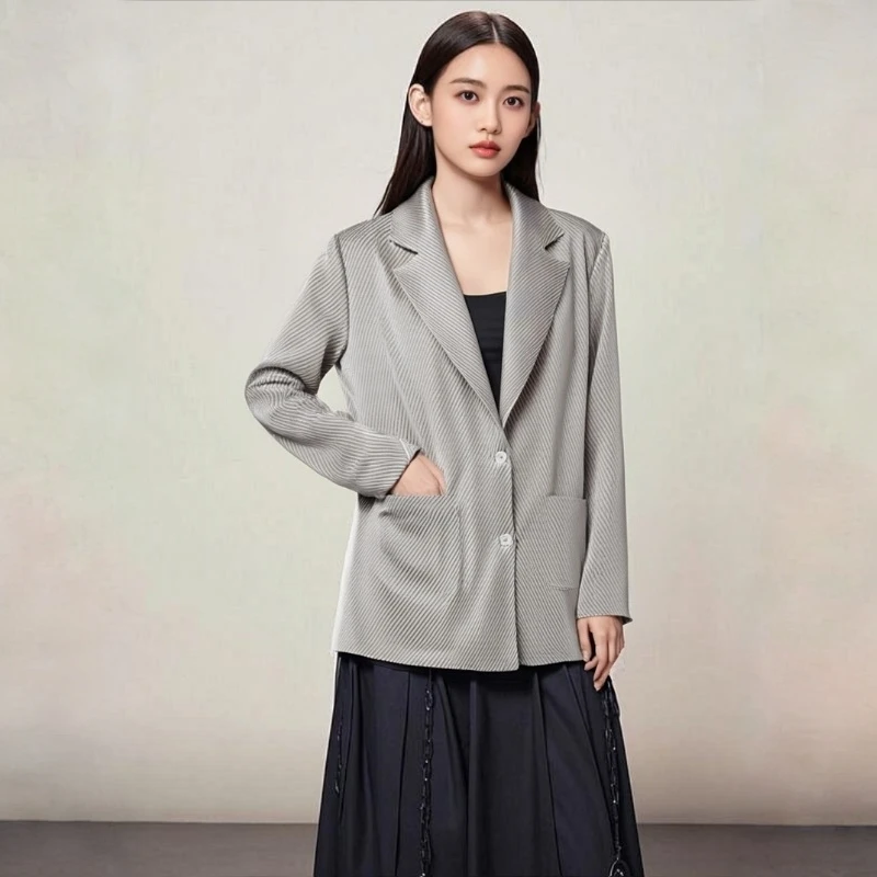 

Miyake плиссированный осенний новый 2025 однотонный пиджак с чешуей дракона, модный кардиган с двумя пуговицами и длинными рукавами для женщин