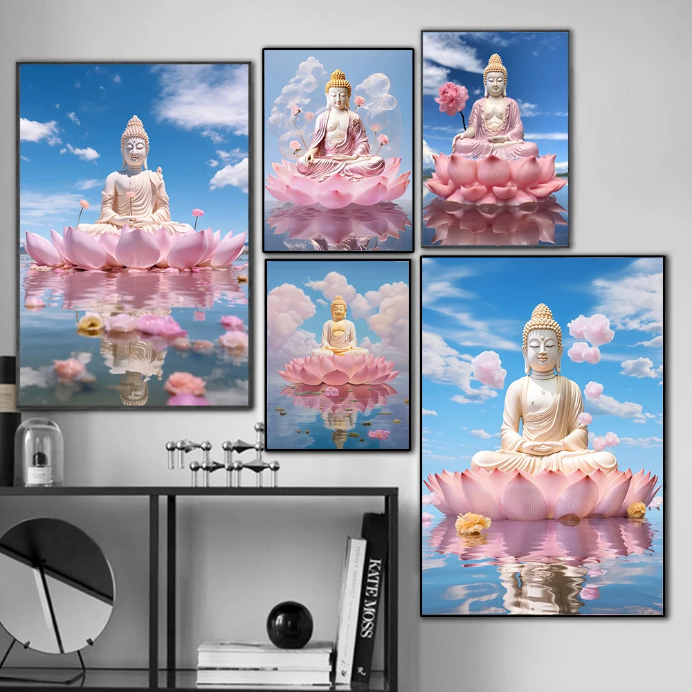 Lotus Buddha Statue Sculpture Art Posters Living Room Home Decoration Religion Buddha Head Meditation Sakyamuni Canvas Painting