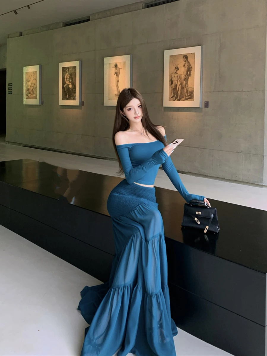 Women's Knitted Slim Fit Long Sleeve T-Shirt High Waist  Skirt Two Piece Set Casual Style High Quality Fashion Ensemble
