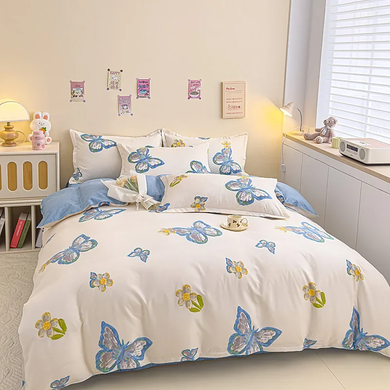 

Blue Butterfly Duvet Cover Set Yellow Flower Duvet Covers for Kids Thickened Bedding Set Soft Girls Teens Comforter Cover 3 Pcs