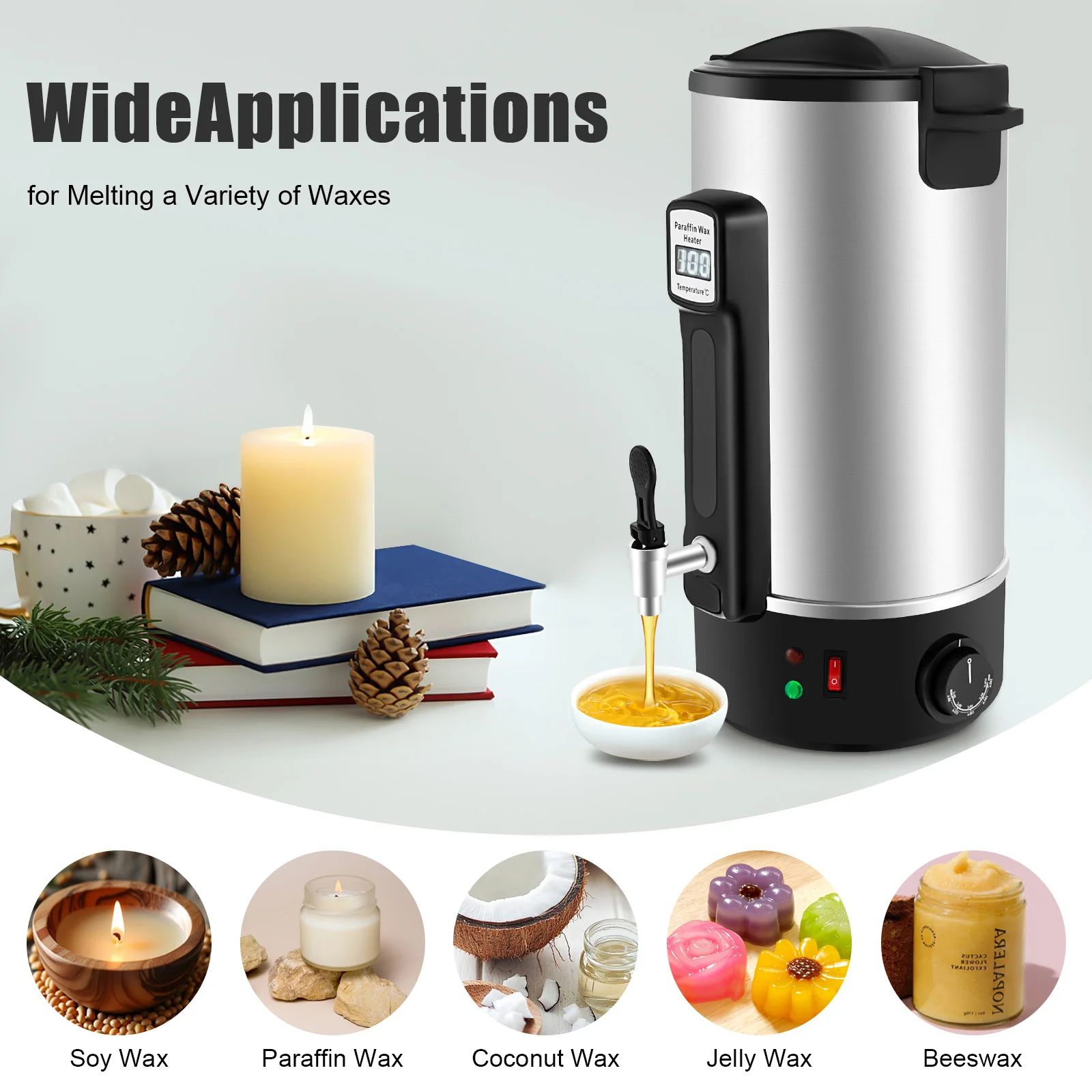 1100 واط 10.8 لتر مذيب الشمع 30-110 ° آلة صنع الشموع المصنوعة من الفولاذ المقاوم للصدأ بشاشة LED للتحكم في درجة الحرارة C لشمع الصويا/البارافين