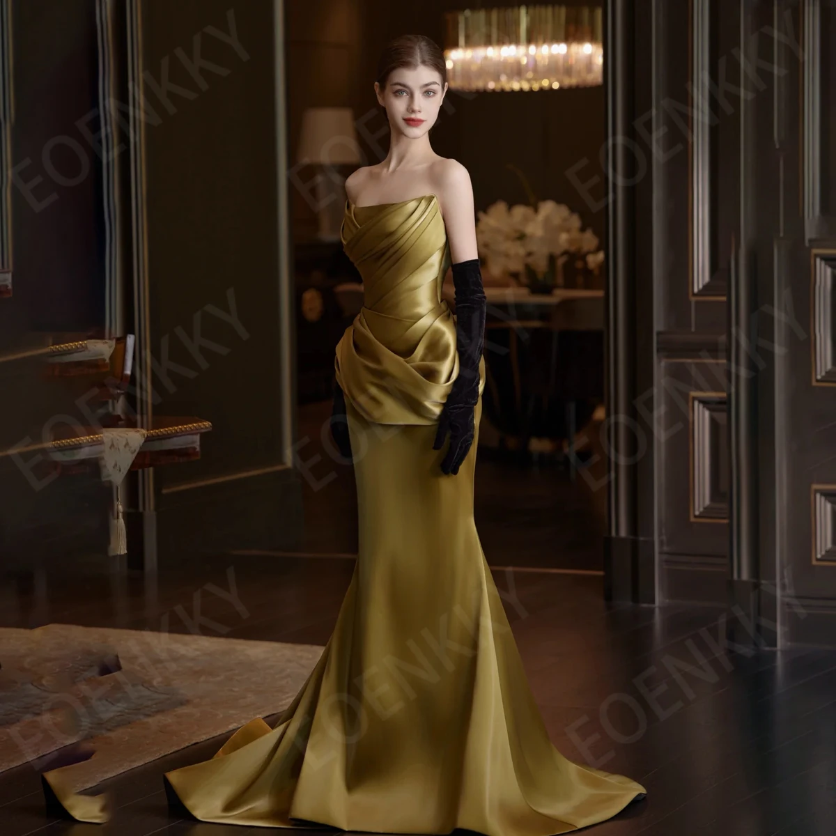 

EOENKKY Sexy Strapless Prom Dresses Satin Woman Sleeveless Mermaid Banquet Party Dress Customized vestidos de fiesta elegantes