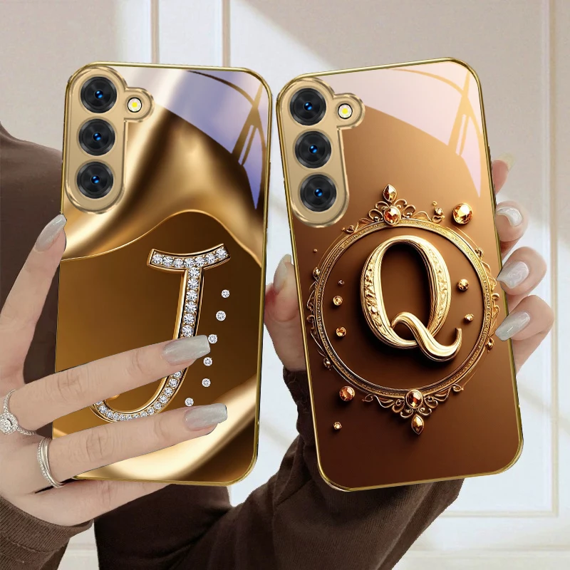 "A" in golden line For Samsung Galaxy S26 S20 FE S21 S22 Ultra 23 Plus 24 Ultra 25Ultra S21+ 22Plus Golden glass phone case
